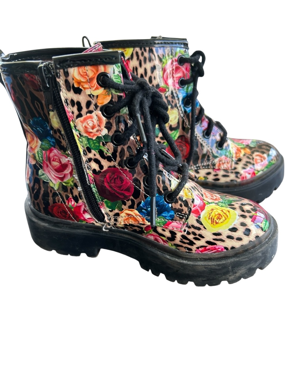 Betsey Johnson Floral Leopard Lace Up Combat Boots fairy grunge size 13 girls